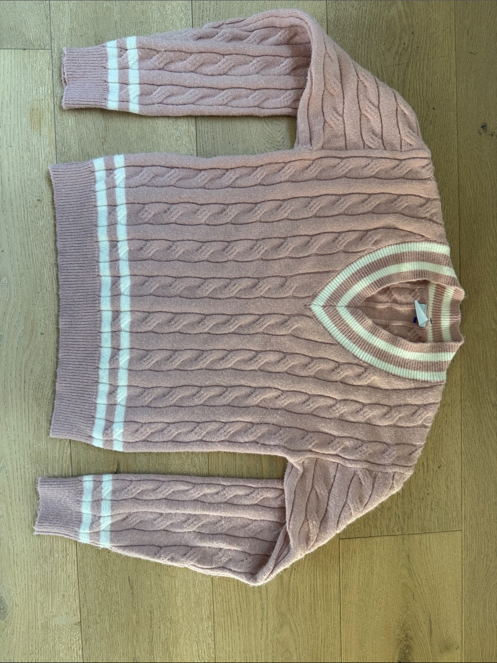 Cielo Cable Knit Crewneck Sweater in Dusty Rose with White Stripes